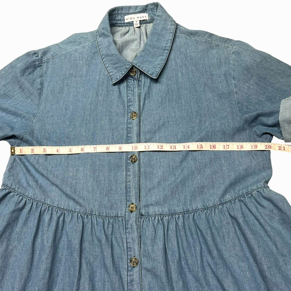 Miou Muse Light Denim Babydoll Dress Cuff Sleeve Tiered Back Button Front Large - Picture 10 of 13